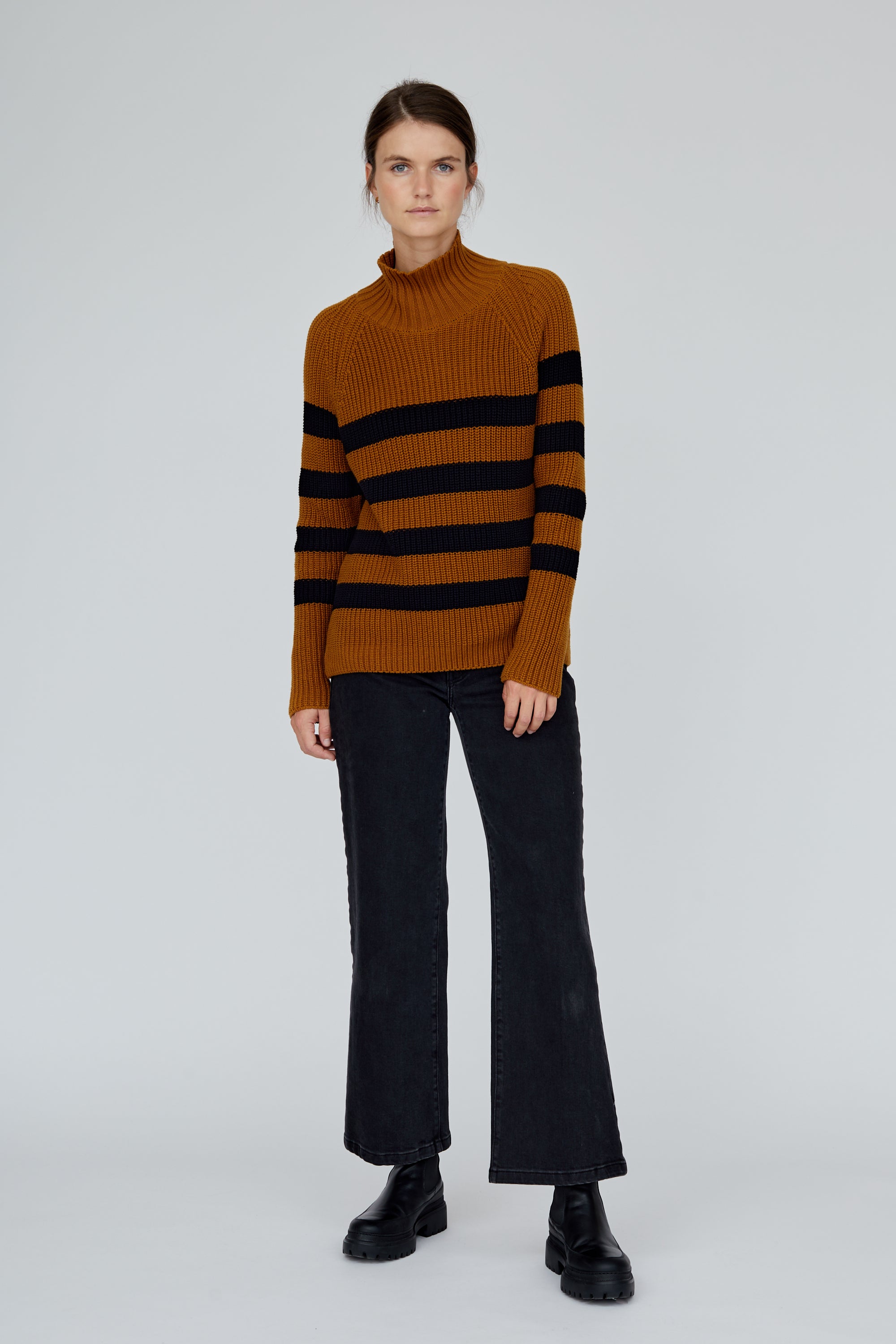 Basic Apparel Sweety High Neck Striped Sweaters 515 Bronze Brown/Black Stripe